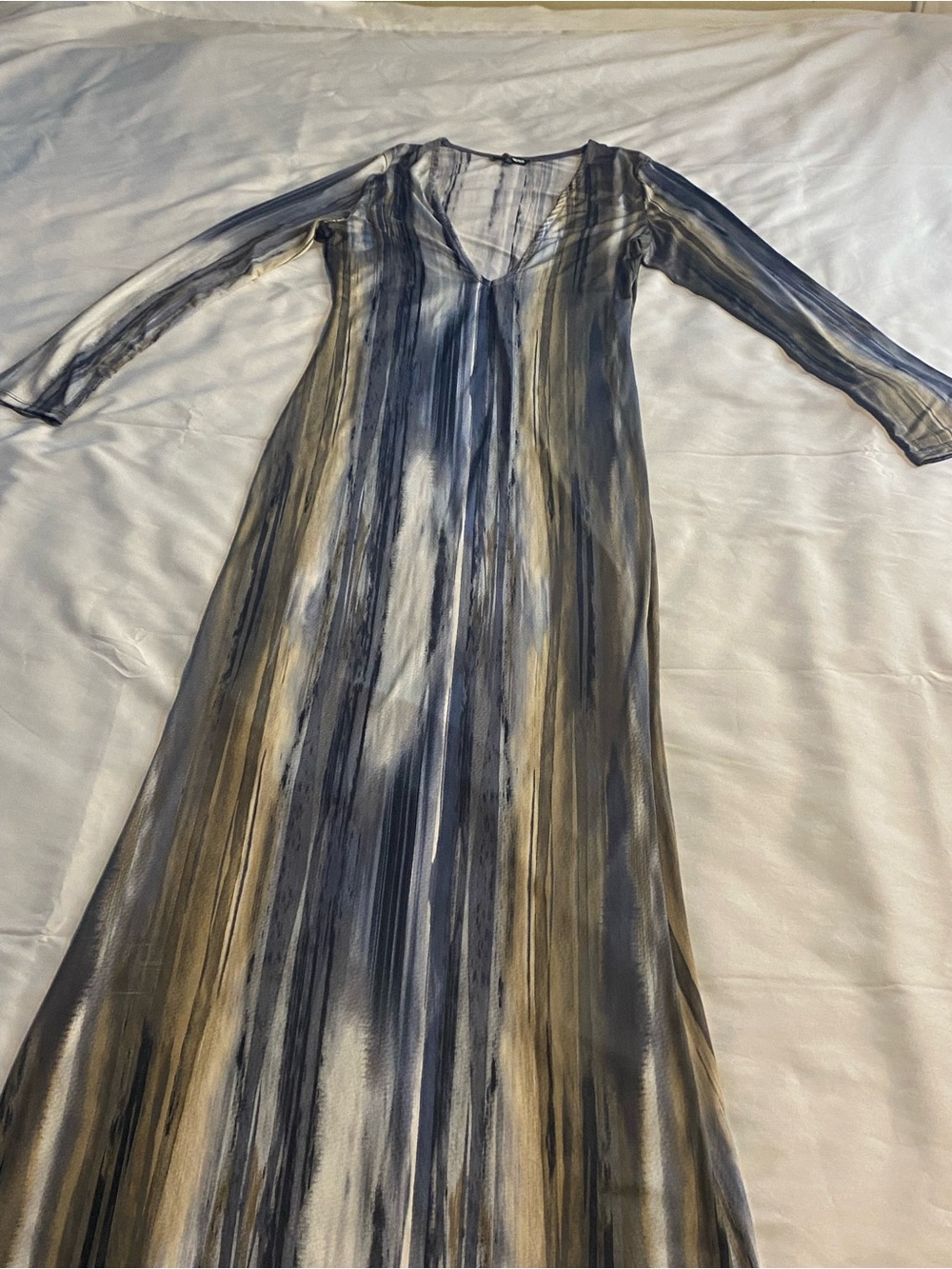 Women's Blue and Tan V-Neck Long Sleeve Maxi Dress Size L